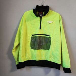 Speedo Forever 21‎ Pullover Windbreaker Jacket Neon Yellow Black Mesh Pocket